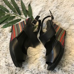“Unlisted” Brand Black Wedge Open Toe Sandals With a Colorful Wedge Heel